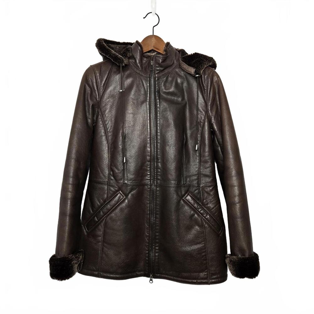 Vintage Danier Leather Shearling Coat Womens XS Detachable Hood Mid Length